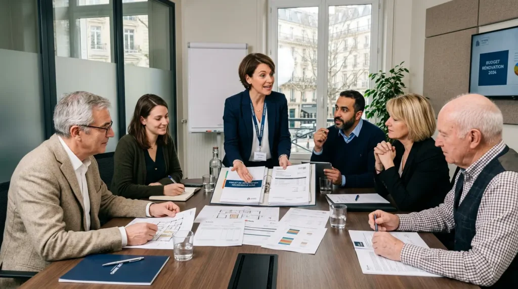 Rôle du conseil syndical à Nantes : comment bien travailler avec son syndic ? 4 Gestionnaire de syndic présentant un dossier à plusieurs membres d'un conseil syndical