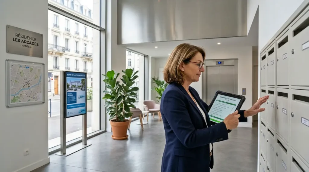 Gestion d'immeuble à Nantes : ce que votre syndic doit réellement prendre en charge 4 Gestionnaire de copropriété inspectant les parties communes pour gérer la gestion d'immeuble à Nantes