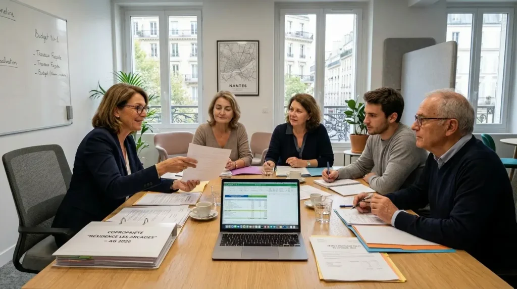 Gestion d'immeuble à Nantes : ce que votre syndic doit réellement prendre en charge 3 Réunion entre un syndic professionnel et plusieurs copropriétaires autour d'une table