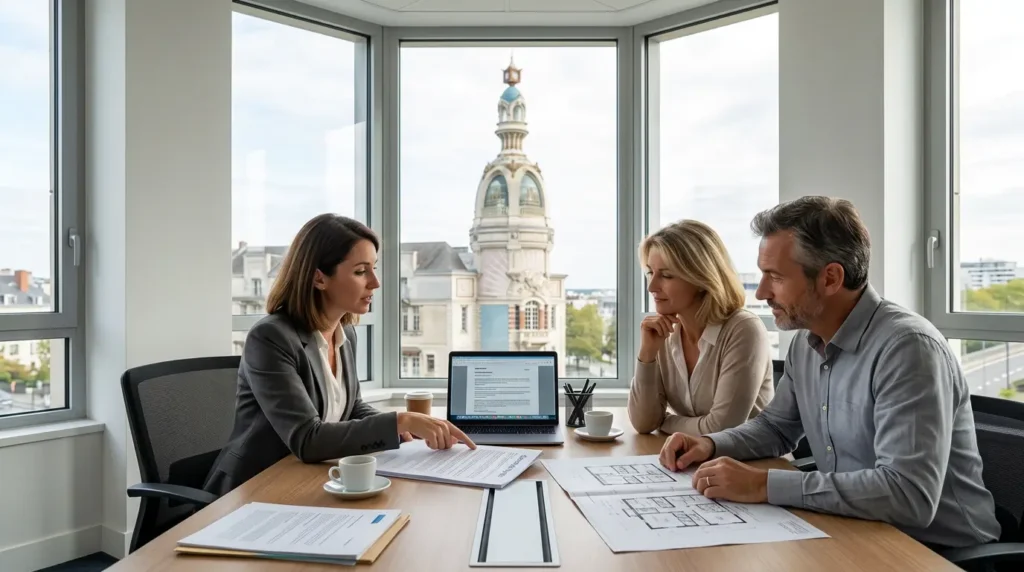Cabinet de syndic à Nantes : comment choisir le bon partenaire ? 2 gestionnaire d'un cabinet de syndic à Nantes et deux copropriétaires comparant un contrat de syndic